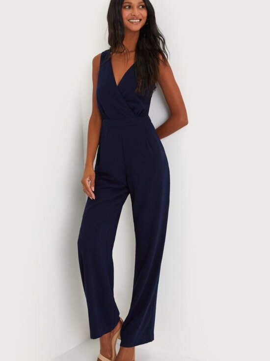 Lulus Pants - Lulus Kiska Navy Blue Lace Wide-leg Jumpsuit - Size L